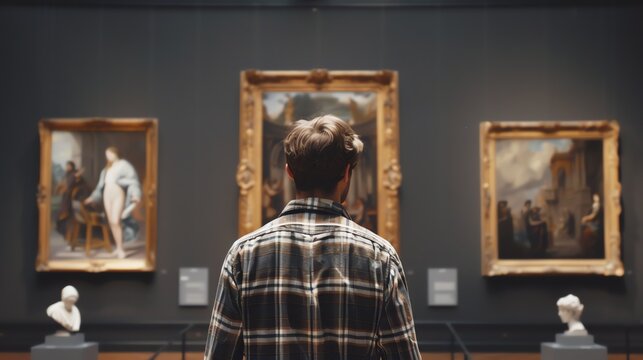 A young man with glasses and a plaid shirt is looking at a painting in an art museum. The painting is of a woman with long red hair and a white dress.