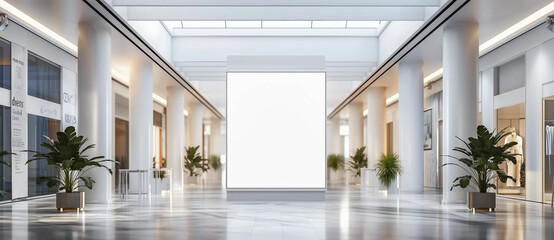digital billboard mockup in the middle of luxury shopping mall, white screen for advertising banner, modern architecture with wide corridor and potted plants, wide angle shot
