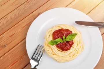 spaghetti tasty dish with tomato sauce