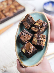Chocolate brownies squares with chocolate chips and walnuts slices on top. Freshly baked brownies. Best fudgy brownies cakes. Selective focus with shiny and rough texture