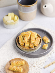 Kastengel or Kue Keju. one of popular snack for Ramadhan or Eid Fitr Mubarak. Selective focus