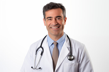 Fototapeta premium White smiling doctor on a white background. World of Medicine. Personal care profession. Medical studies. European doctor. French. America. Images for graphic designers. Image for communication. AI.