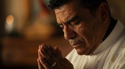 A Hispanic Catholic priest wears a hopeful and emotional expression as he engages in prayer for forgiveness and peace, seeking solace in isolation