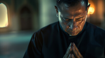 A Hispanic Catholic priest wears a hopeful and emotional expression as he engages in prayer for forgiveness and peace, seeking solace in isolation