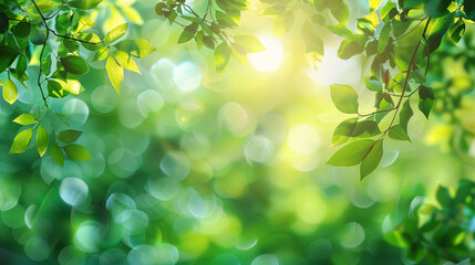 A lush green bokeh backdrop adorned with fresh leaves and sun flares creates an idyllic setting, perfect for evoking the ambiance of summer or spring