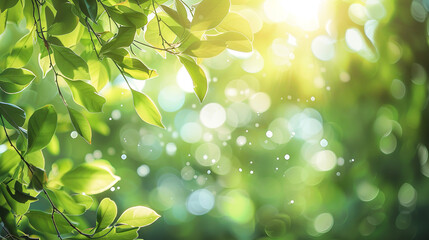 Fototapeta premium A lush green bokeh backdrop adorned with fresh leaves and sun flares creates an idyllic setting, perfect for evoking the ambiance of summer or spring
