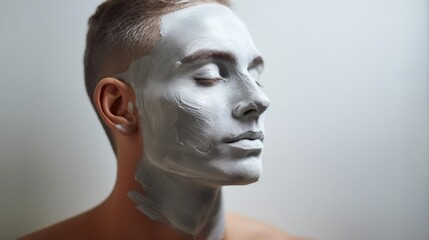 Handsome young Caucasian man with facial mask on his face on a background with Copy Space. Handsome man with clay mask on his face. Handsome Caucasian male with cosmetic Facial Mask. copy space.