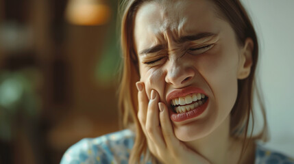 A woman grimaces in discomfort, indicating toothache, likely stemming from periodontal disease in her wisdom teeth or gum inflammation