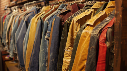 At a thrift store, a collection of vintage jackets is showcased, each piece telling its own unique story