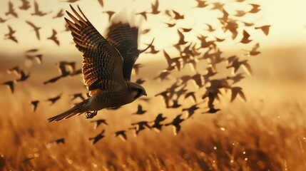 Obraz premium A merlin chasing a flock of small birds over open fields