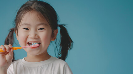 In a cheerful morning routine, a Japanese child girl happily cleans her mouth with a brush, emphasizing oral self-care