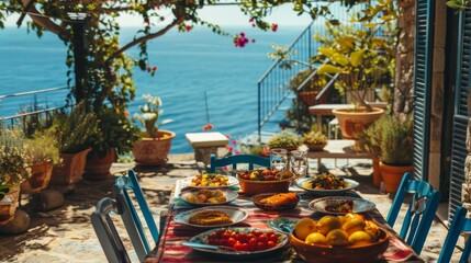Mediterranean Terrace Family Meal with Sea View - Perfect for Summer Dining and Travel Promotions