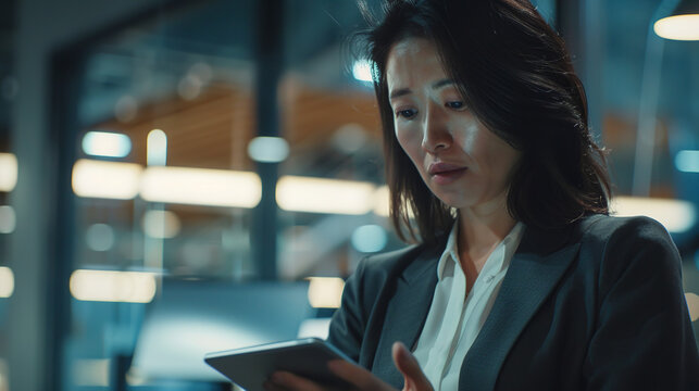 In the office, a busy businesswoman efficiently multitasks, using both her mobile smartphone and digital tablet computer