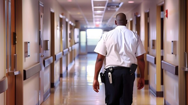 Hospital security guard patrolling a bright, empty corridor, ensuring safety within the facility