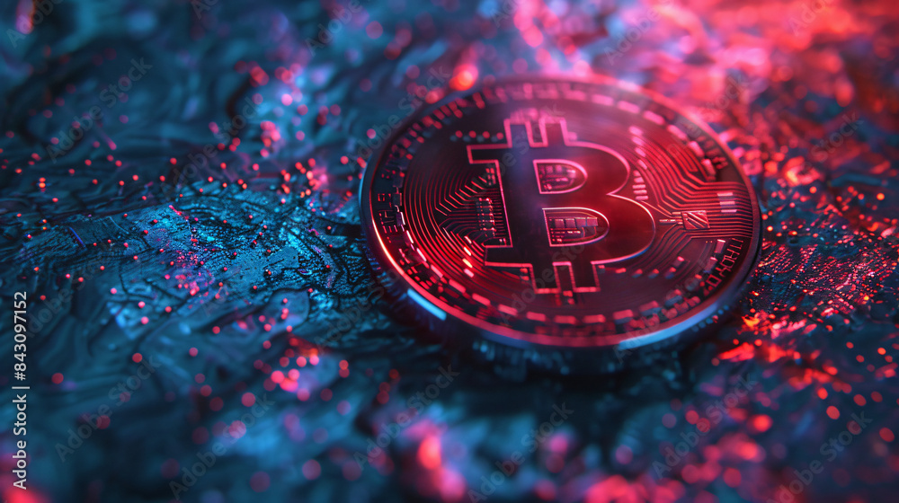 Aufkleber bitcoin token on a wet surface with red and blue lighting, symbolizing digital currency