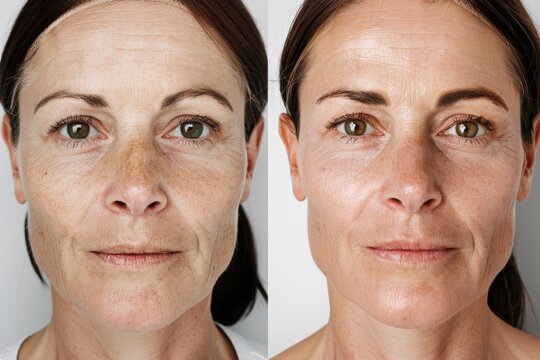 Before and After Comparison of Woman's Facial Skin Improvements Post-Biorevitalization Treatment