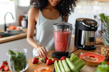 A woman prepares a healthy strawberry smoothie using a blender in a modern kitchen setting
