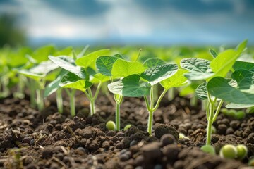 Image captures the early stages of soybean growth with emerging seedlings and detailed soil texture