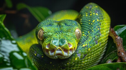 Fototapeta premium Sinuous green tree python camouflaged among leaves