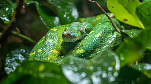 Sinuous green tree python camouflaged among leaves