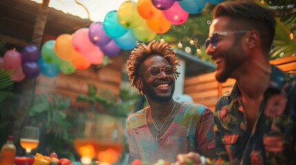 Two men smiling at pride celebration with colorful balloons. Joyful atmosphere, vibrant decorations, promoting LGBTQ+ pride, unity, and diversity in a cheerful outdoor event with friends.