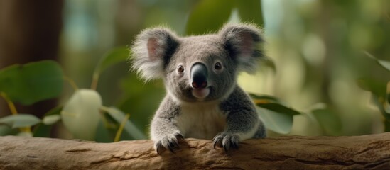 Koalas have large round heads, large furry ears and large black noses. on wooden logs nature background