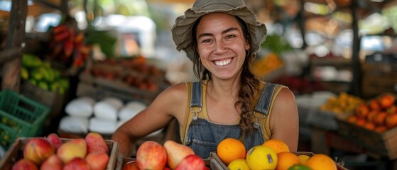 Woman smiling at a fruit stand