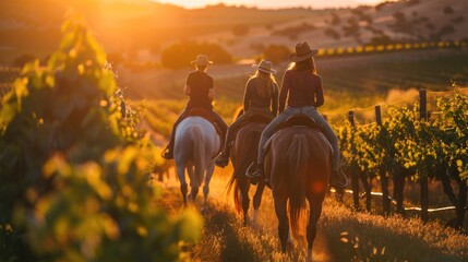 Naklejka premium Horseback riding through vineyard at sunset