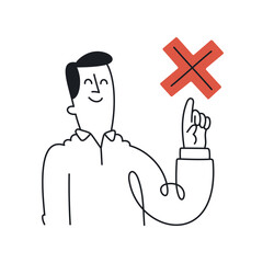 Confident Man Pointing at Red Cross Mark - Doodle Style with Editable Stroke