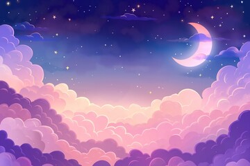 Fototapeta premium Dreamy Cartoon Sky, Pink and Purple Pastel Background with Moon, Stars, and Clouds, Flat Vector Illustration