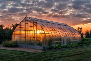 Obraz premium Golden Sunset Glow Illuminating Greenhouse with Translucent Plastic Coverings, Industrial Design and Clear Sheetings Reflecting Warm Light