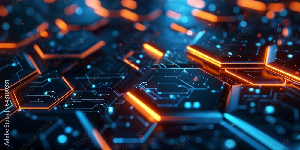 Poster futuristic hexagonal array: abstract background illuminated with blue and orange tones, quantum comp