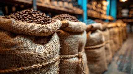 Obraz premium Coffee beans in burlap sacks at a market
