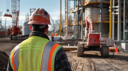 Construction worker in safety gear observing the construction site with machinery and scaffolding on a sunny day.