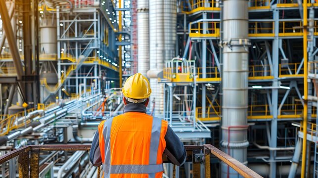 An industrial worker in a safety vest and helmet supervises the operations in a large, complex manufacturing plant.