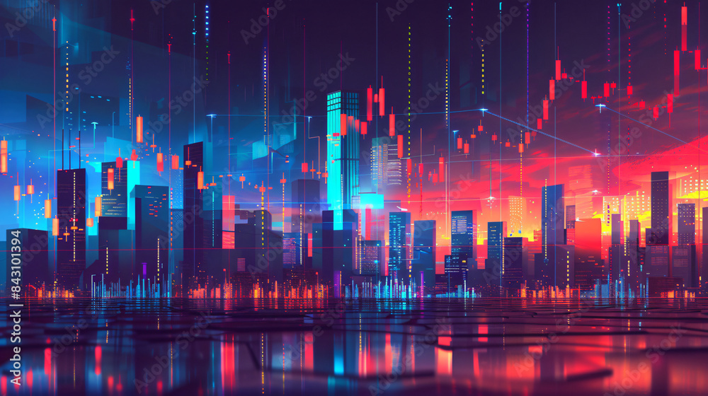 Aufkleber Futuristic skyline with neon lights and financial data charts in abstract digital art