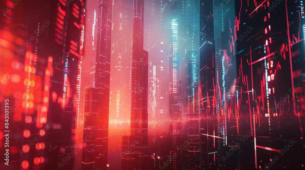 Poster futuristic cityscape in abstract digital art with neon lights and tech elements