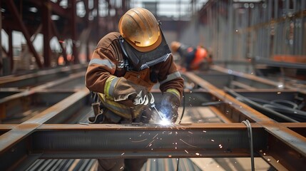 Professional Welder in Action: Skilled Craftsman Welding Metal in Workshop