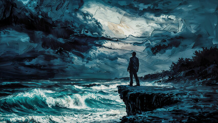 Fototapeta premium Lonely gentleman with troubled thoughts standing on a rocky cliff staring at the looming storm approaching over the turbulent ocean with dark clouds.