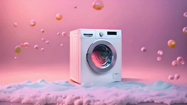 Cleaning clothes or commercial advertising style laundry machines with bubbles and wet laundry splashes
