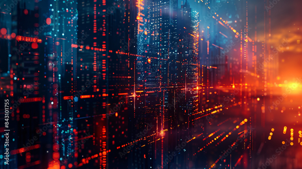Aufkleber City skyline with digital data streams in abstract tech background
