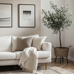 A bright living room with vertical posters in black frames on a light beige wall above a white sofa with beige pillows and a white blanket, a large houseplant in the wicker basket,a rug on the parquet