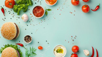 Top view of fresh ingredients for burger preparation on a light blue background