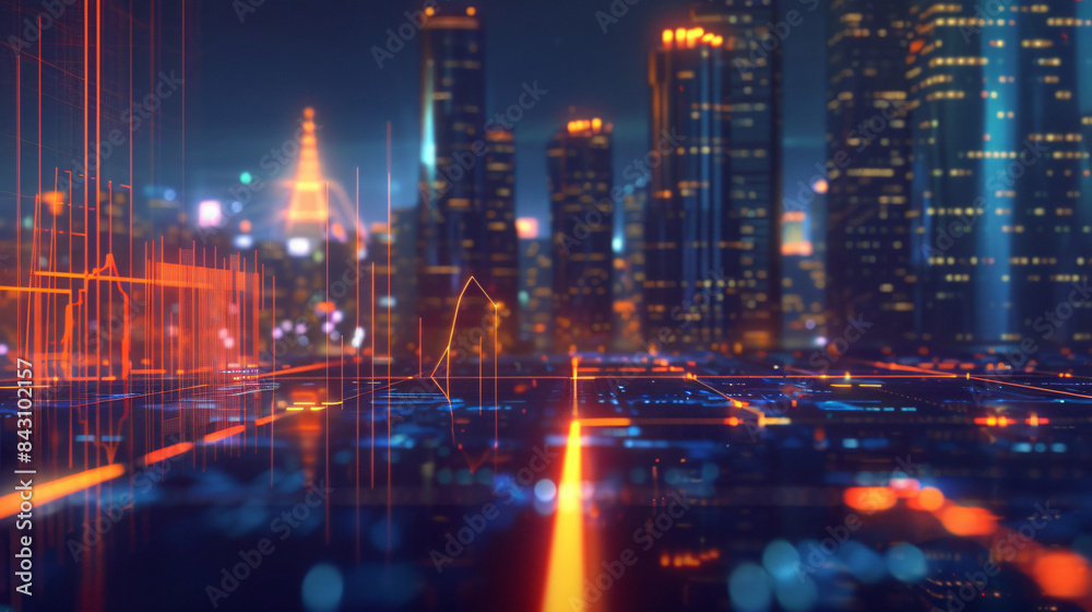 Aufkleber Digital city skyline with abstract glowing neon lights and data chart overlay