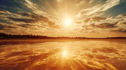 Sunset Over the Lake Reflecting in the Water: Landscape Background