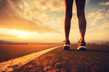 an athletic pair of legs on pavement during sunrise or sunset - healthy lifestyle concept 
