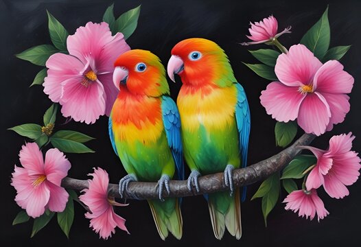 painting of two brightly colored parrots on a branch of a pink blossoming tree