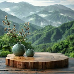 Photo of a wooden podium with nature landscape in the background for product presentation