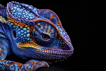 Obraz premium Close-up of Chameleon lizard's intricate skin patterns against a black background - reptile studies - zoology - wildlife art