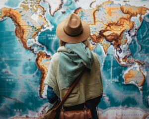 Traveler Looking at World Map. Generative ai.